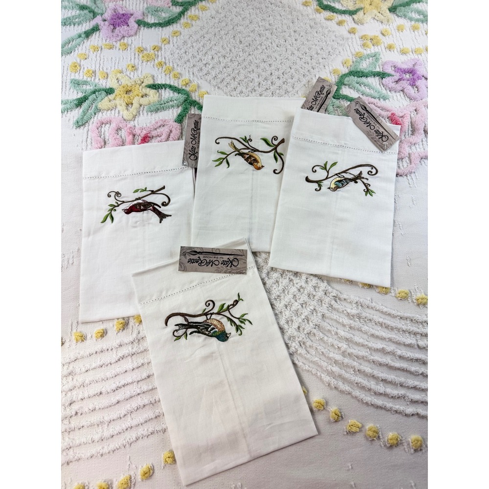 Kate McRostie Peking Handicraft Embroidered Bird Guest Towels Set of 4 White